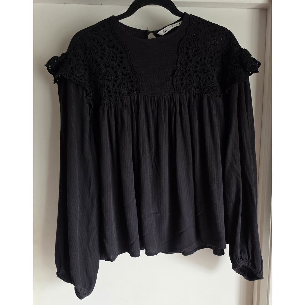 Zara Blouse XL Black Lace Long Sleeve Round Neck Boho Top Whimsygoth Victorian